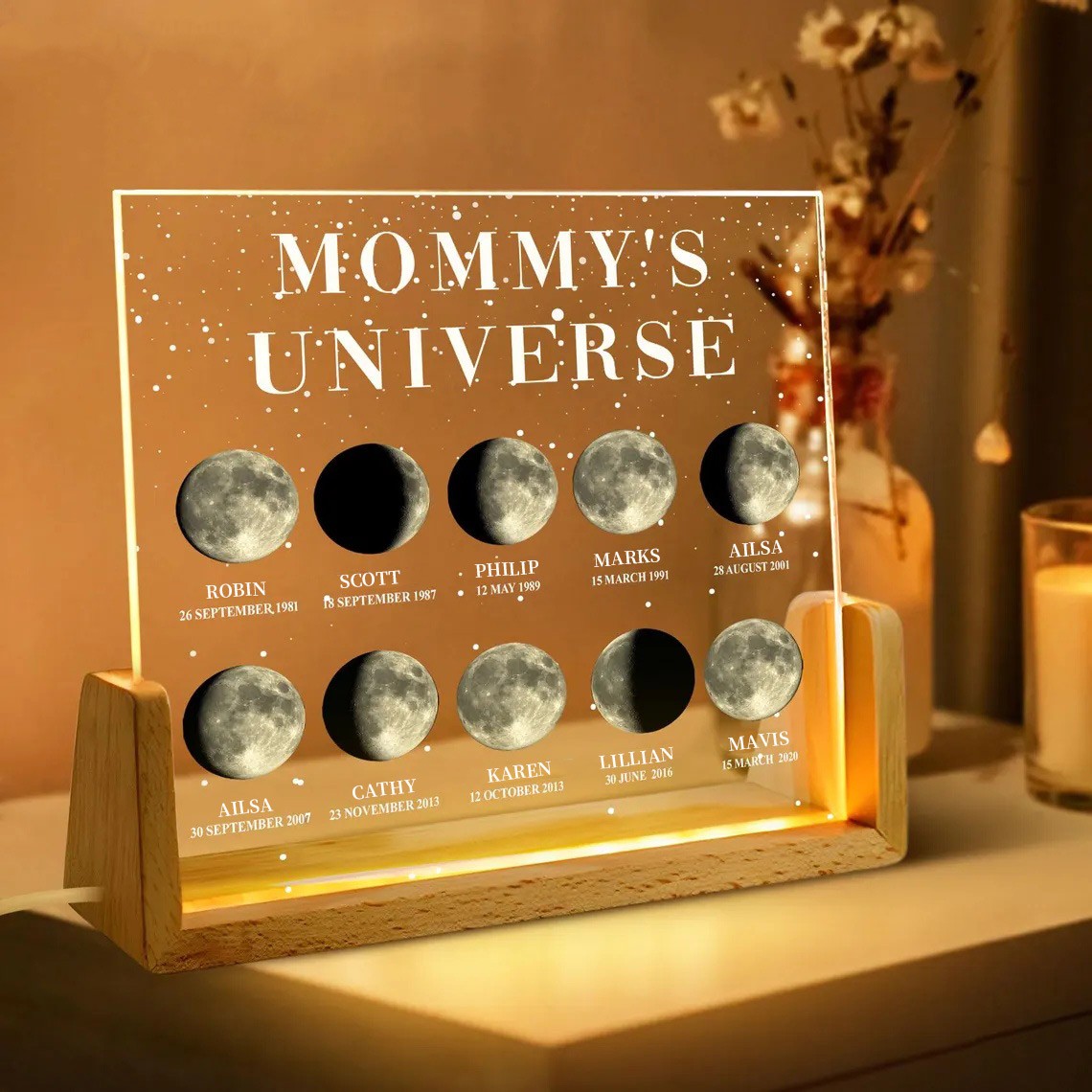 Personalized Mom Moon Phase Night Light By Date Gift For Mother's Day