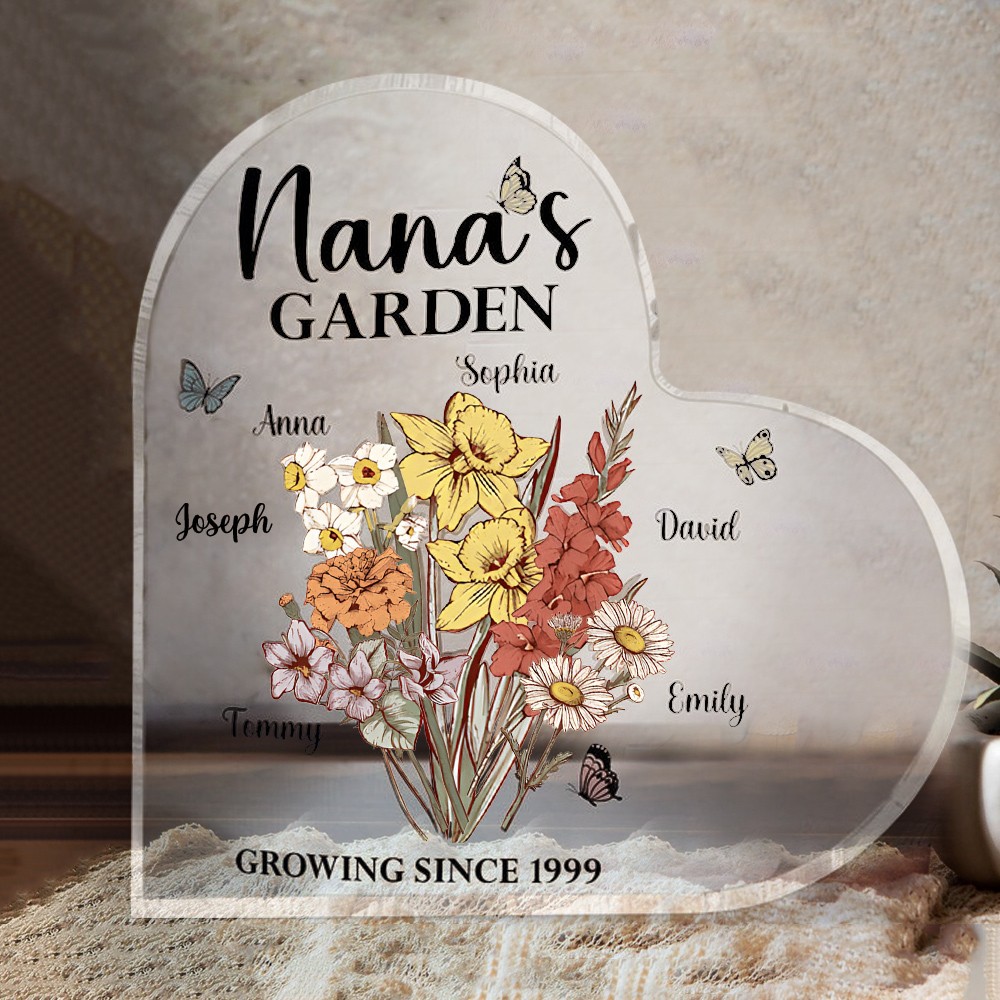 Personalized Nana's Garden Birth Flower Heart Acrylic Plaque For Mothers Day Gifts