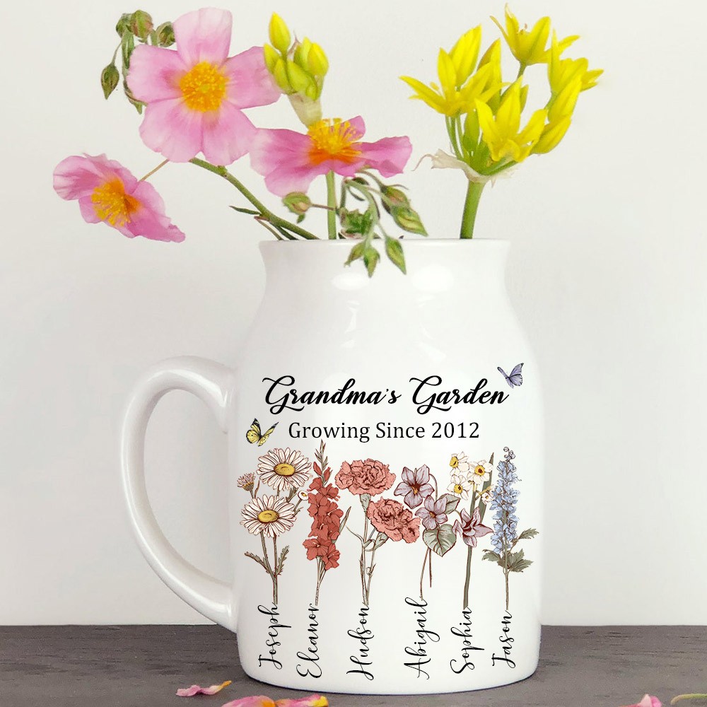 Custom Grandma's Garden Vase With Kids Names and Birth Month Flowers For Mother's Day Gift