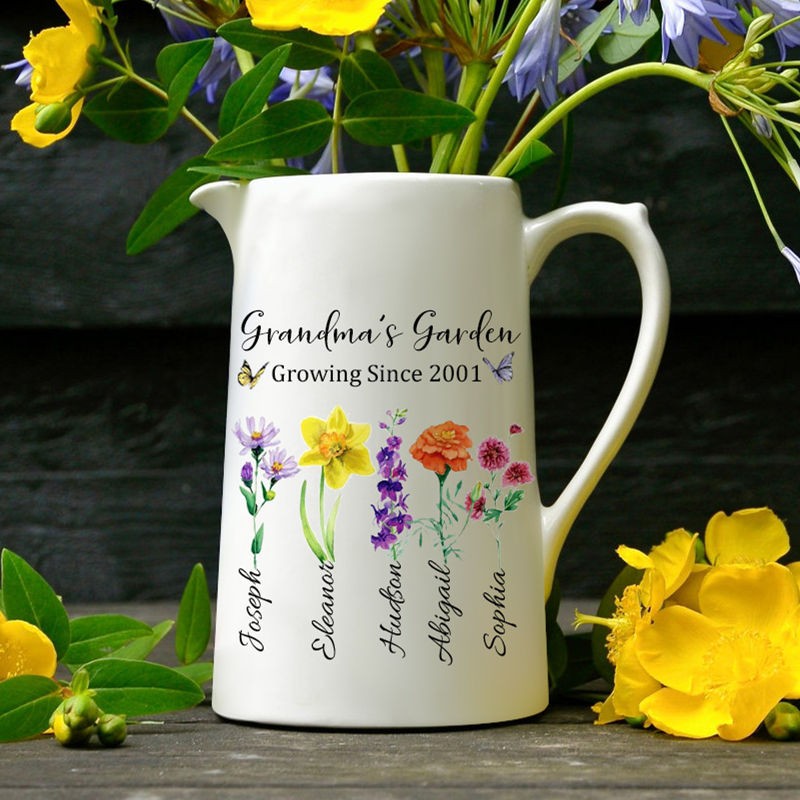 Custom Grandma's Garden Vase With Kids Names and Birth Month Flowers For Mother's Day Gift