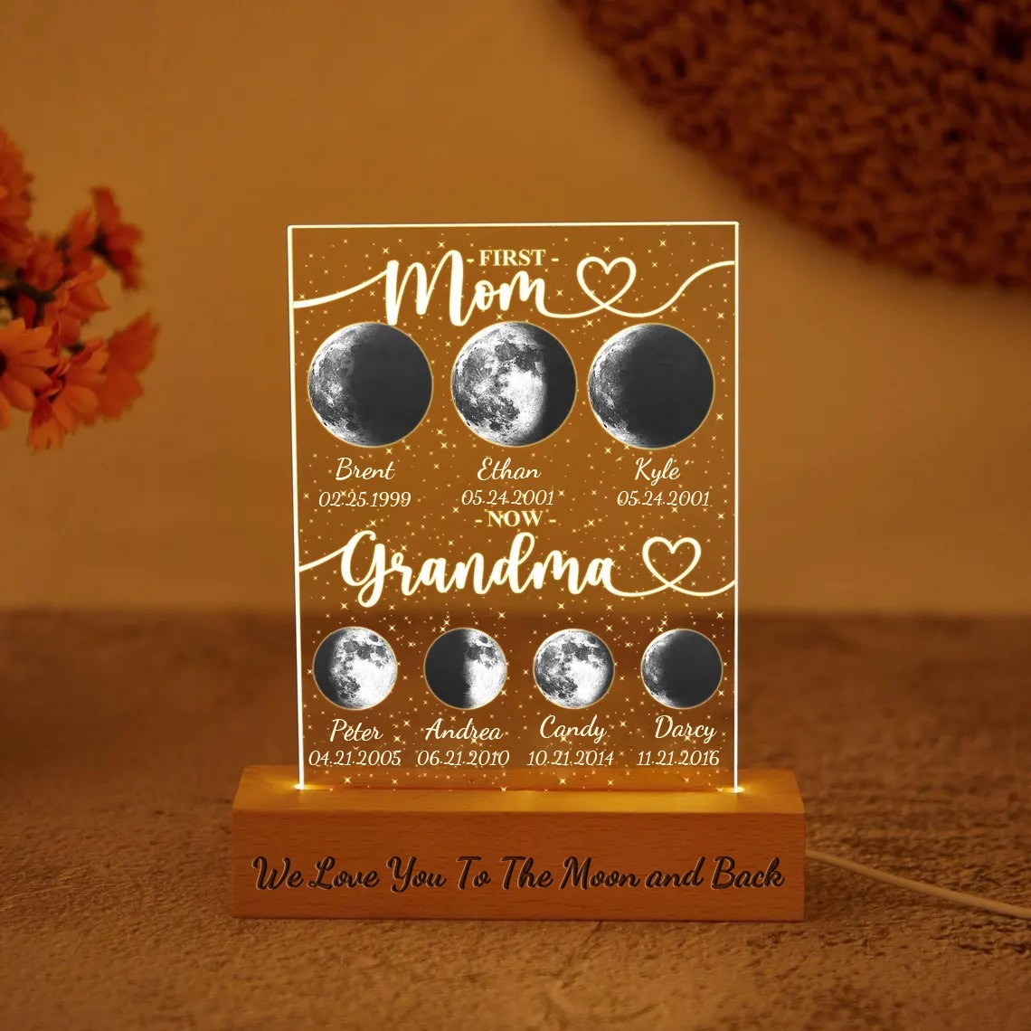 First Mom Now Grandma Personalized Moon Phase Night Light By Date For Mother's Day Gift