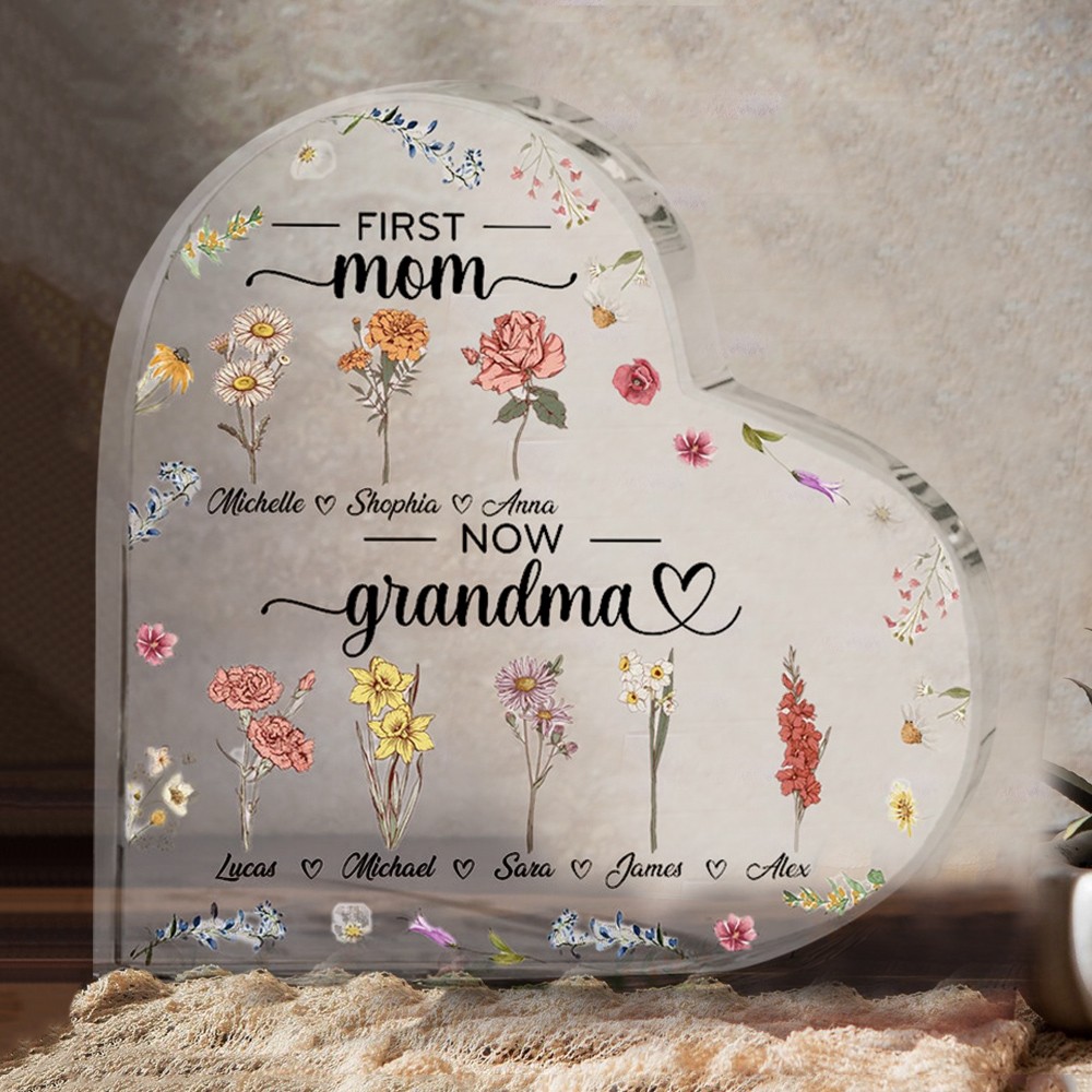 First Mom Now Grandma Custom Birth Flower Heart Acrylic Plaque For Mothers Day Gifts