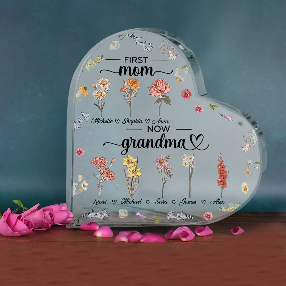 First Mom Now Grandma Custom Birth Flower Heart Acrylic Plaque For Mothers Day Gifts