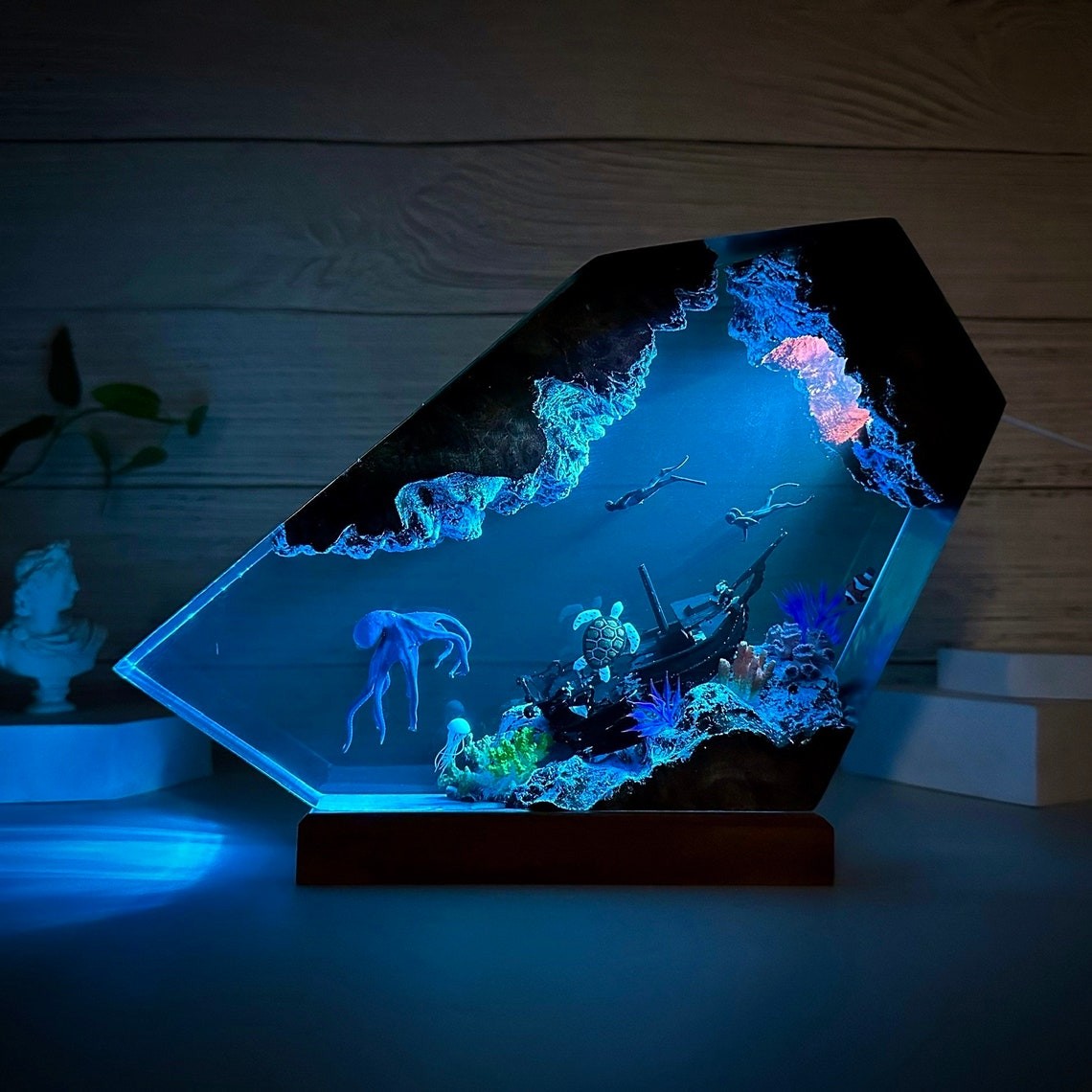 Ocean Resin Wood Table Art Lamp Home Decor