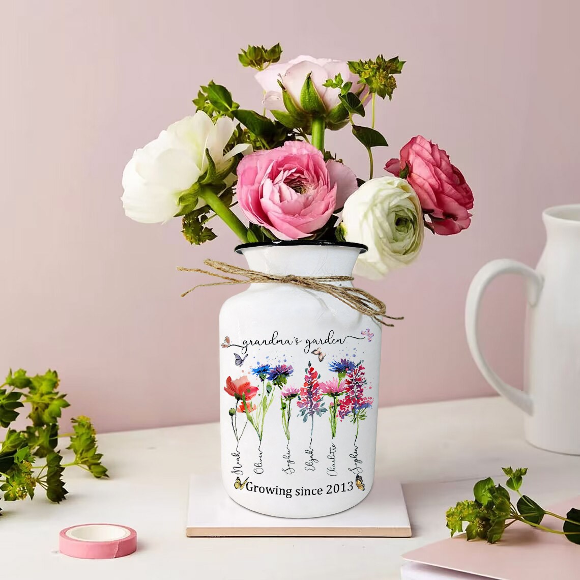 Custom Grandma's Garden Vase With Grandkids Name and Birth Flower For Mother's Day