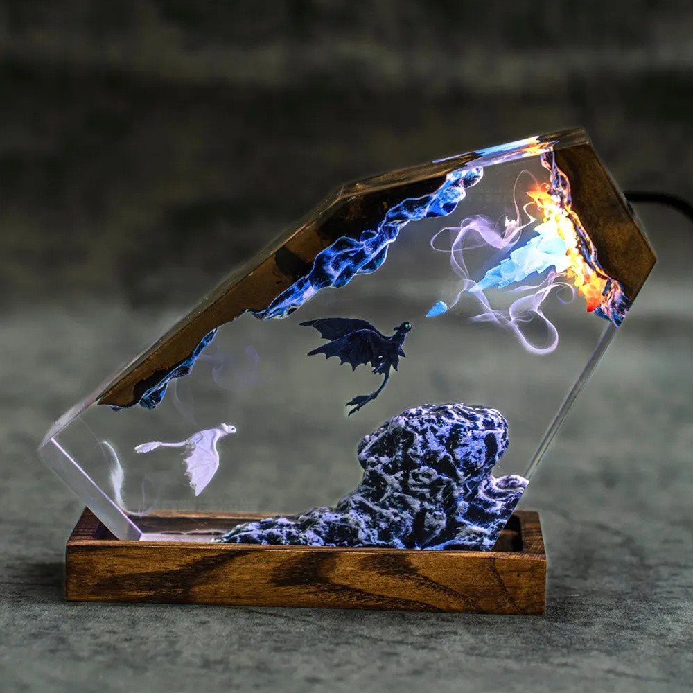 Handmade Dragon Resin Wood Lamp Anniversary Couple Gift