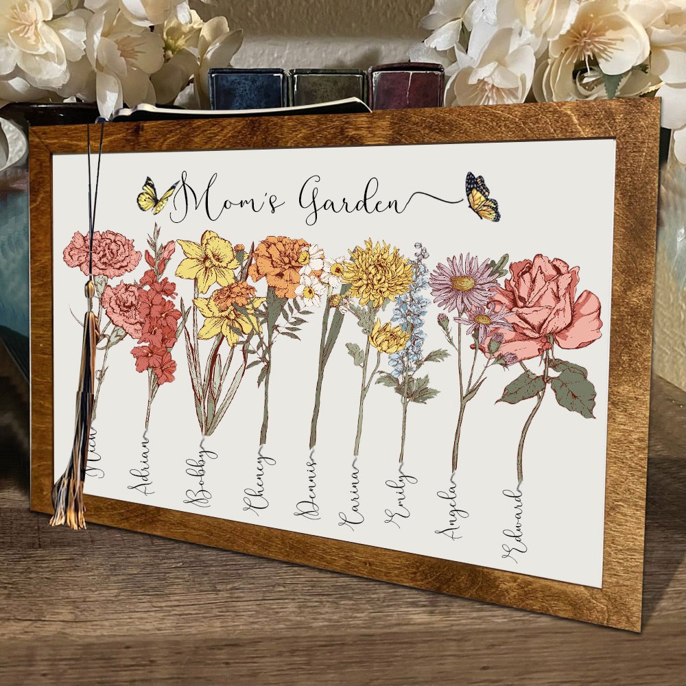 Personalized Mom's Garden Birth Flower Wood Sign With Kids Name Home Wall Art For Mother's Day