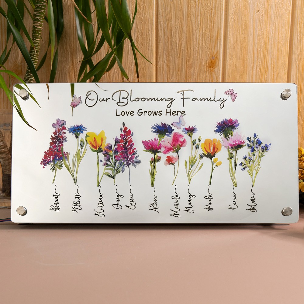 Personalized Our Blooming Family Love Grows Here Birth Flower Mirror lamp For Christmas Gift