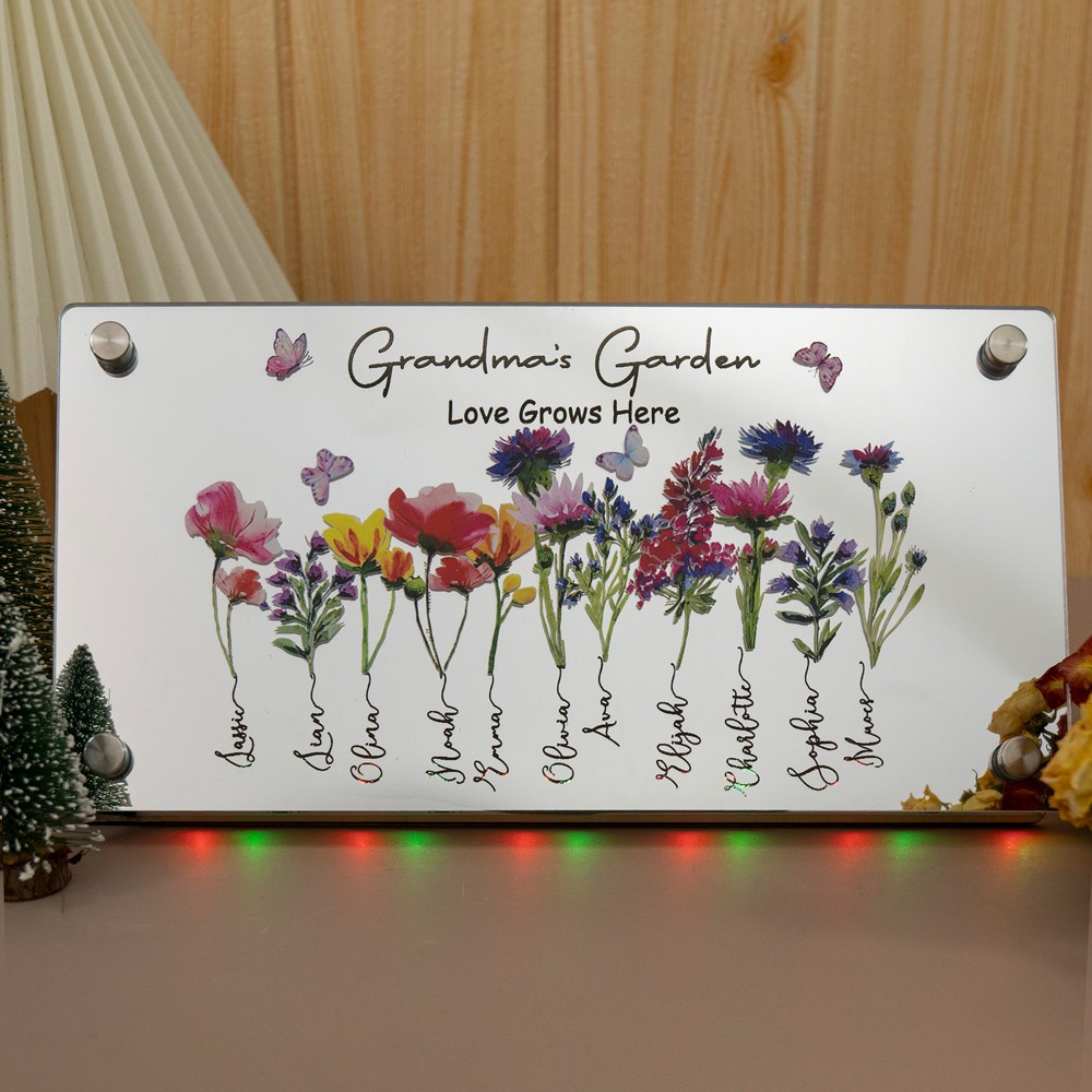 Personalized Grandma's Garden Love Grows Here Birth Flower Mirror lamp For Christmas Gift