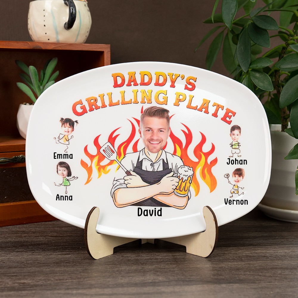 Personalized Daddy's Grilling Platter With Kids Photo and Name For Father's Day Gift