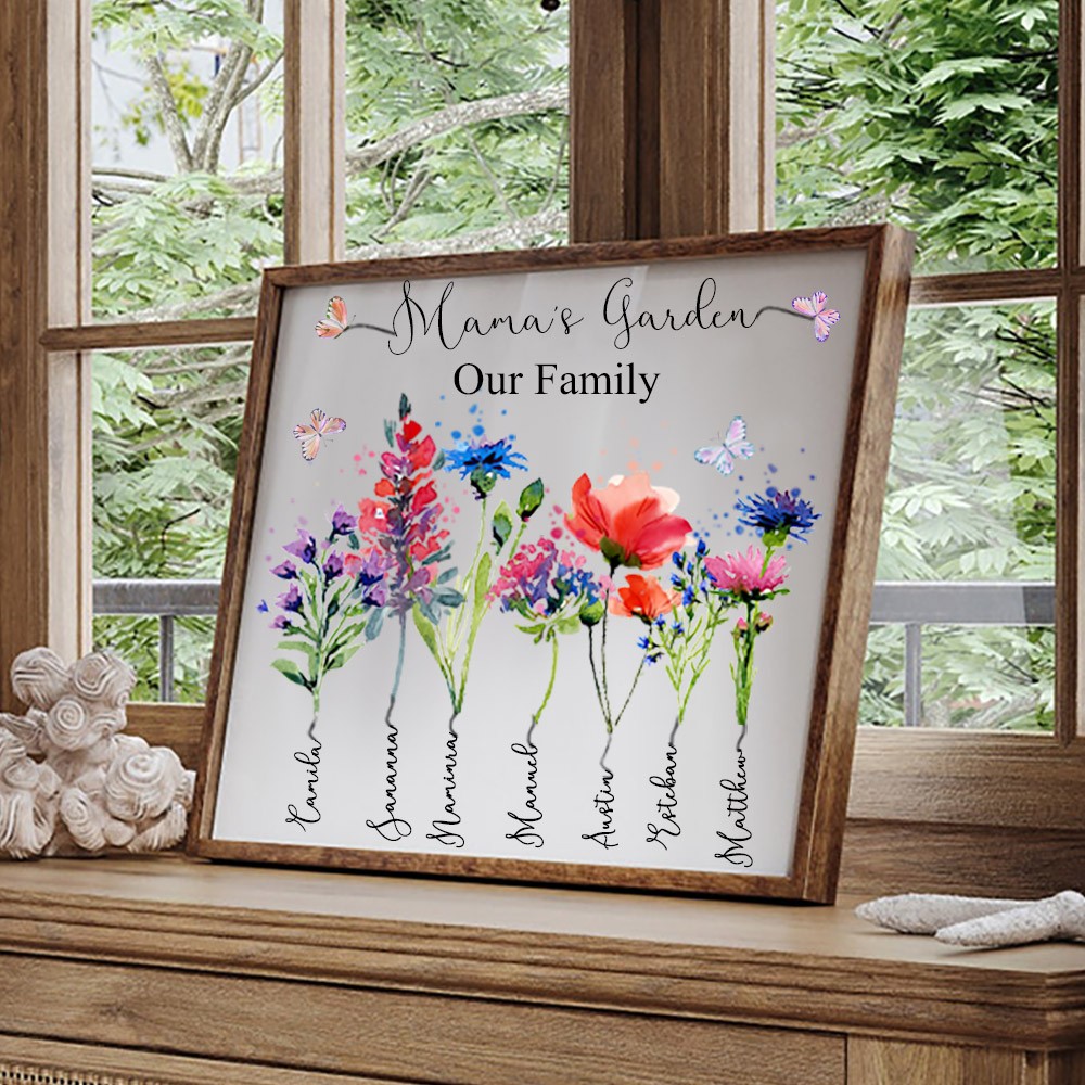 Personalized Mama's Garden Wood Sign With Grandkids Names and Birth Flower For Mother's Day Gift
