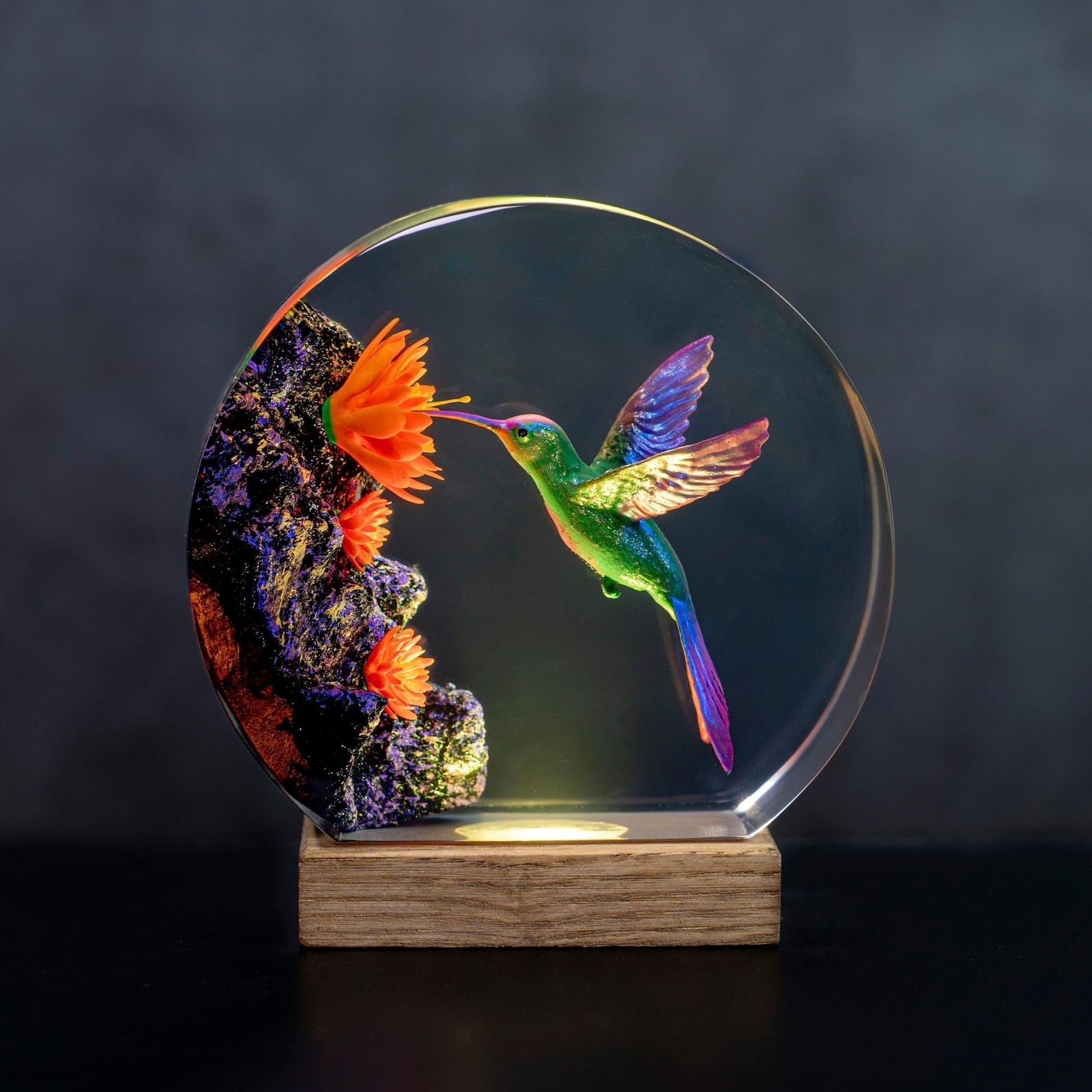 Hummingbird Resin Night Light Handmade Round with Wooden Base Christmas Gift