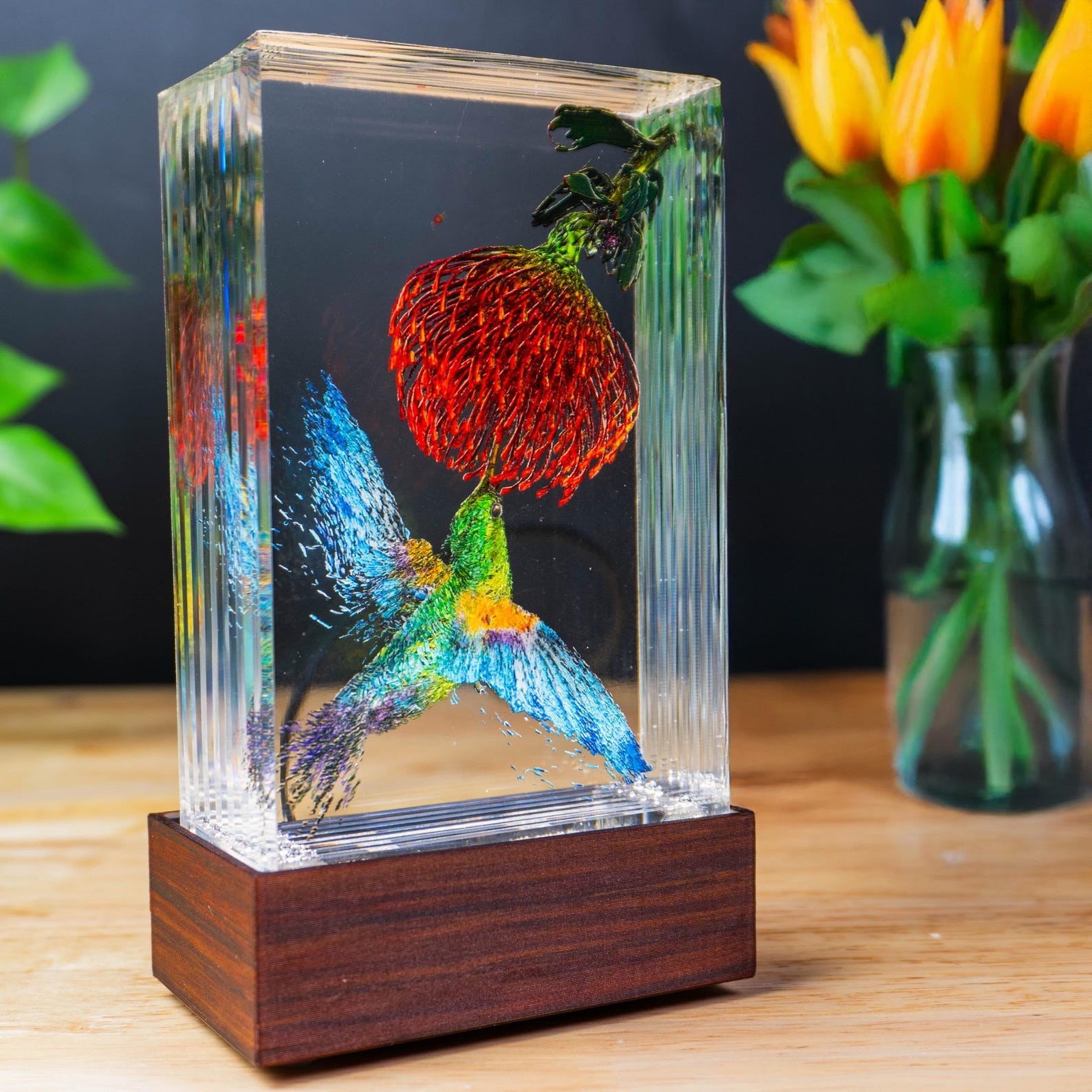 Hummingbird Resin Lamp Tropical Flower Sculpture Boho Night Light For Christmas Gifts