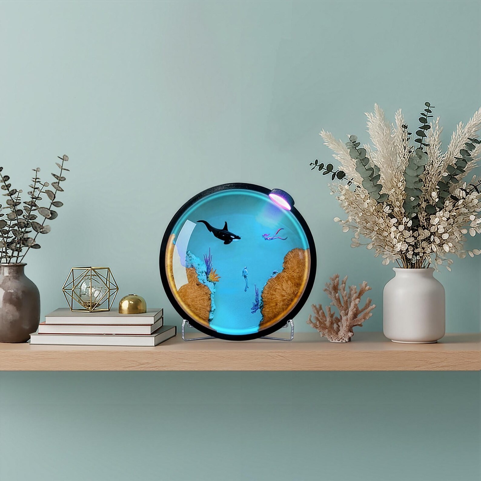 Handcrafted Underwater Resin Wall Lamp Orca and Divers Scene Christmas Gift Gift for Ocean Lovers