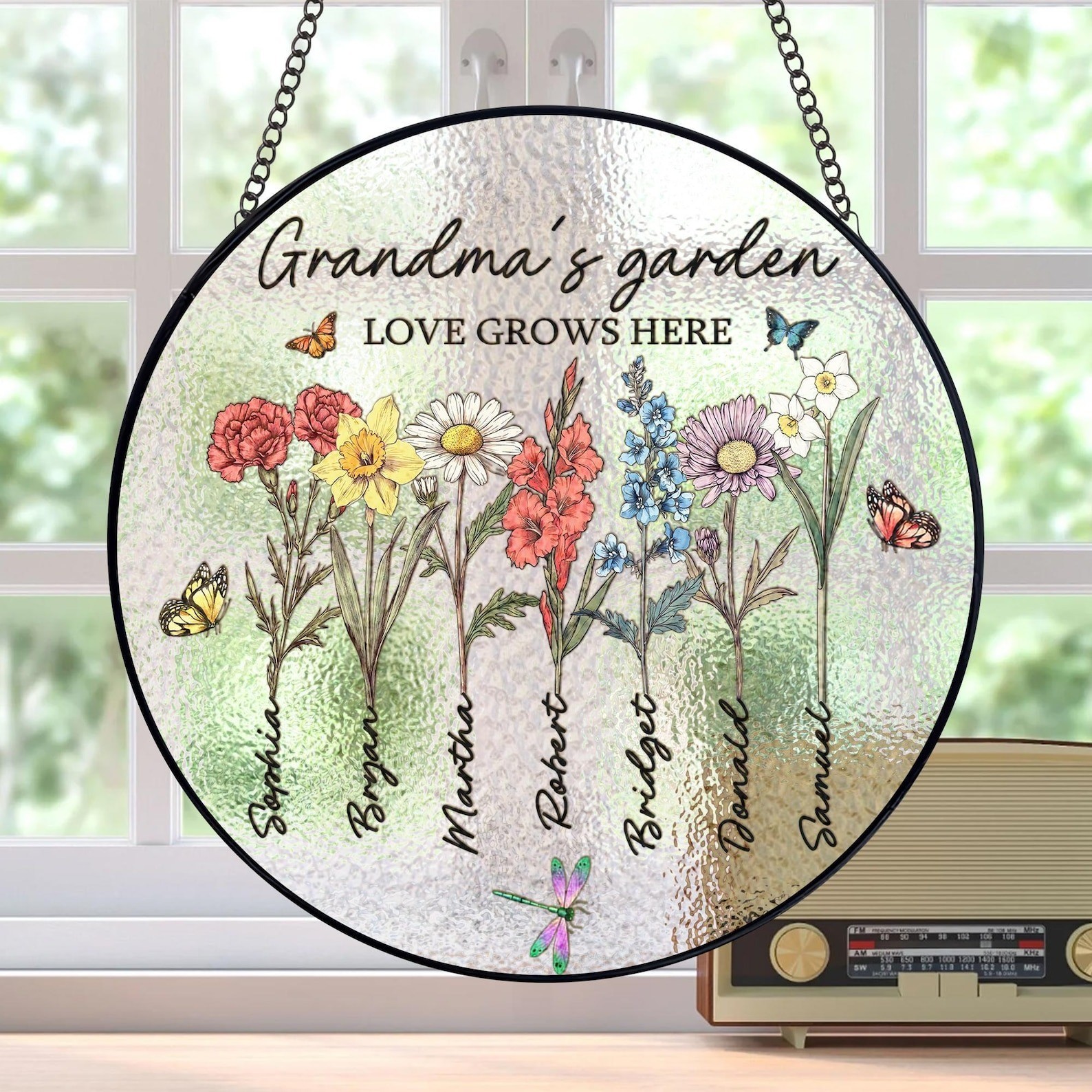 Custom Grandma's Garden Stained Glass Personalized Love Grows Here Suncatcher Mothers Day Gift Christmas Gifts
