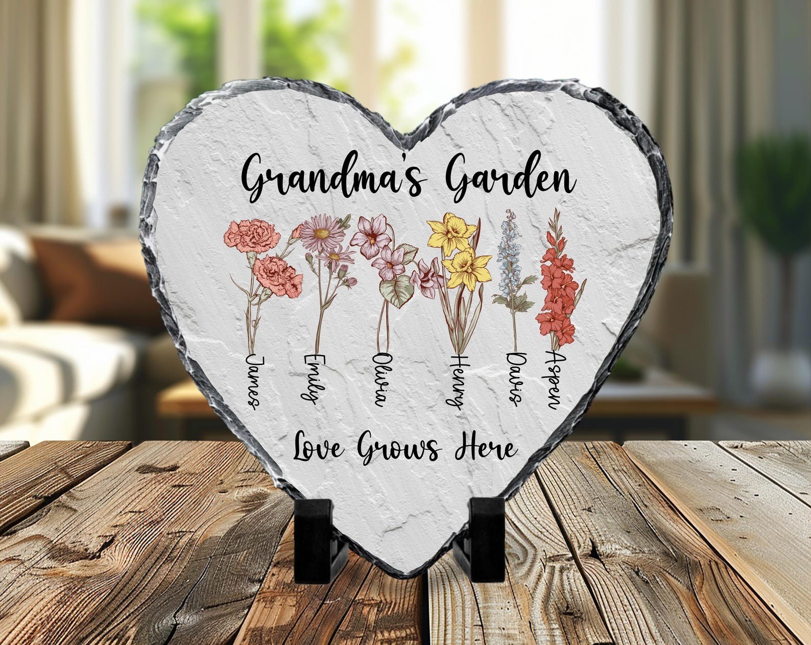 Personalized Birth Flower Heart Garden Stone For Mom Grandma Christmas Gift