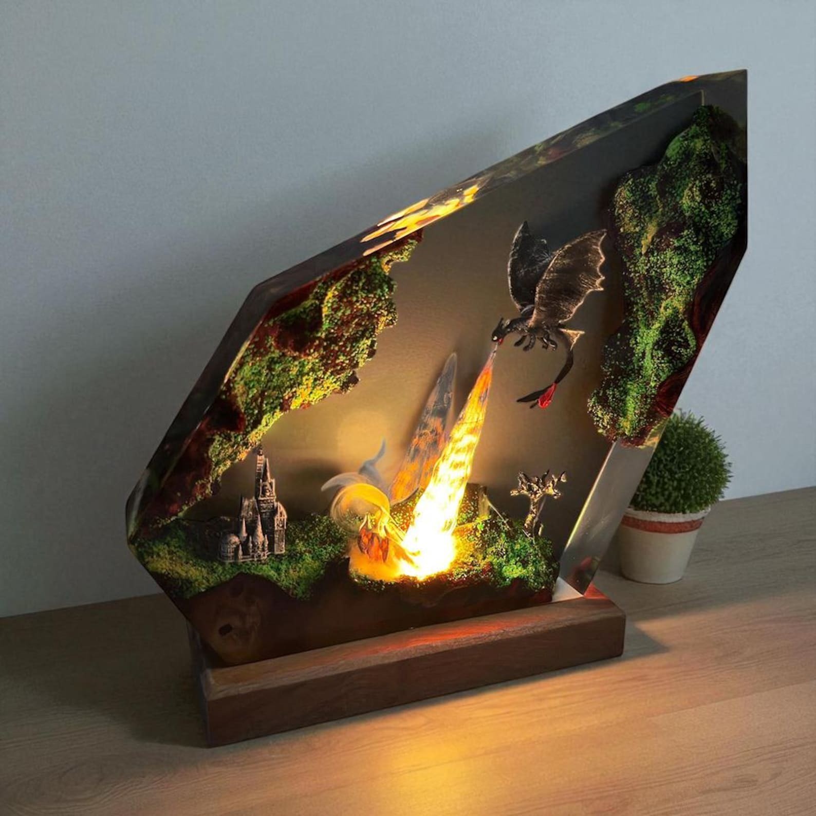 Dragon Resin Diorama Lamp Crystal Epoxy Fantasy Art Wood Base For Christmas Gifts