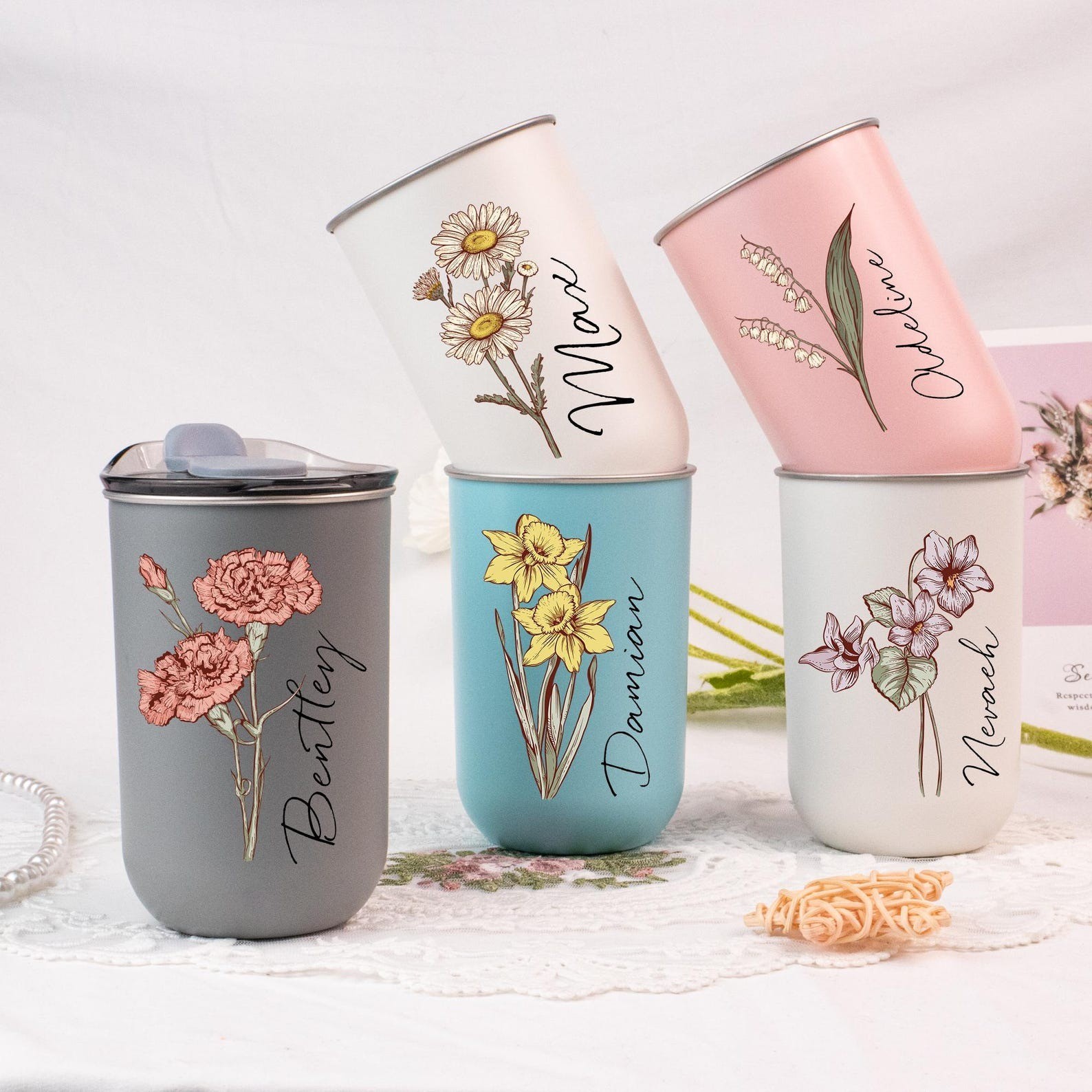 Personalized Stainless Steel Tumblers Birth Flower Tumbler Bridesmaid Gift Christmas Gifts