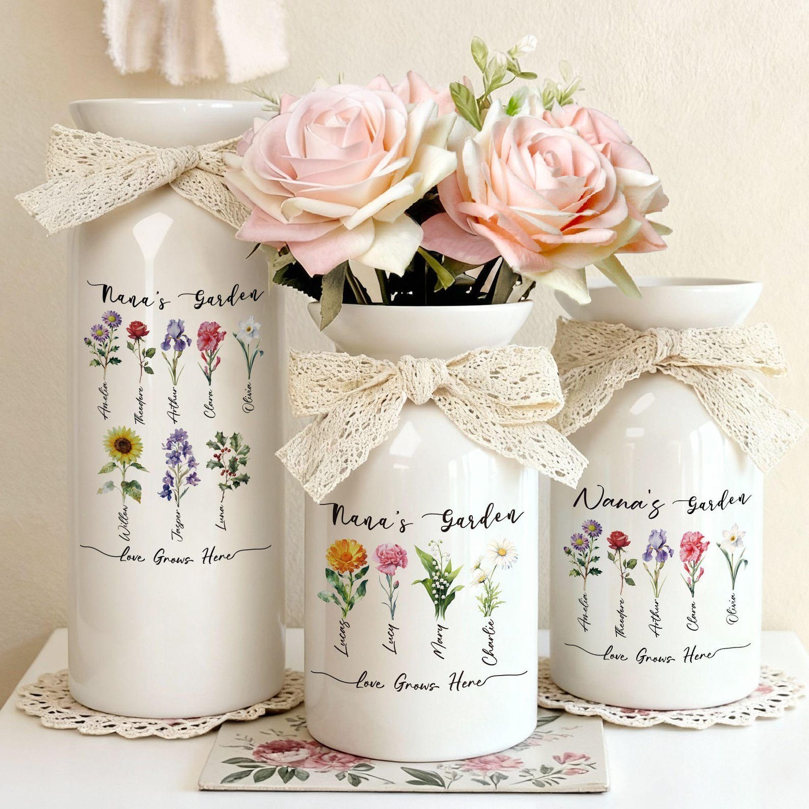 Personalized Birth Flower Vase Grandma's Garden Gift Custom Grandkids Names Mothers Day Gift for Nana Mom Birthday