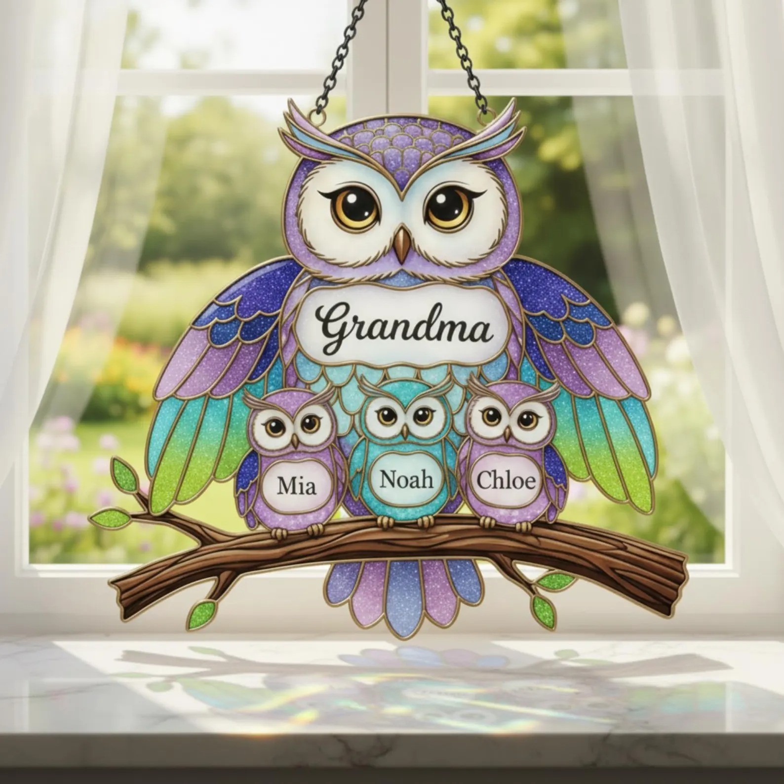 Personalized Owl Family Suncatcher Custom Name Grandma Owl Acrylic Window Art Mother's Day Gift