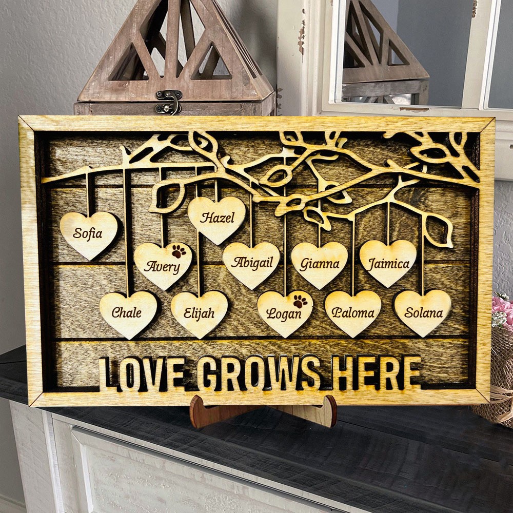 Personalized Wood Family Tree Sign With Name Engraved Home Decor For Mother's Day Love Grows Here