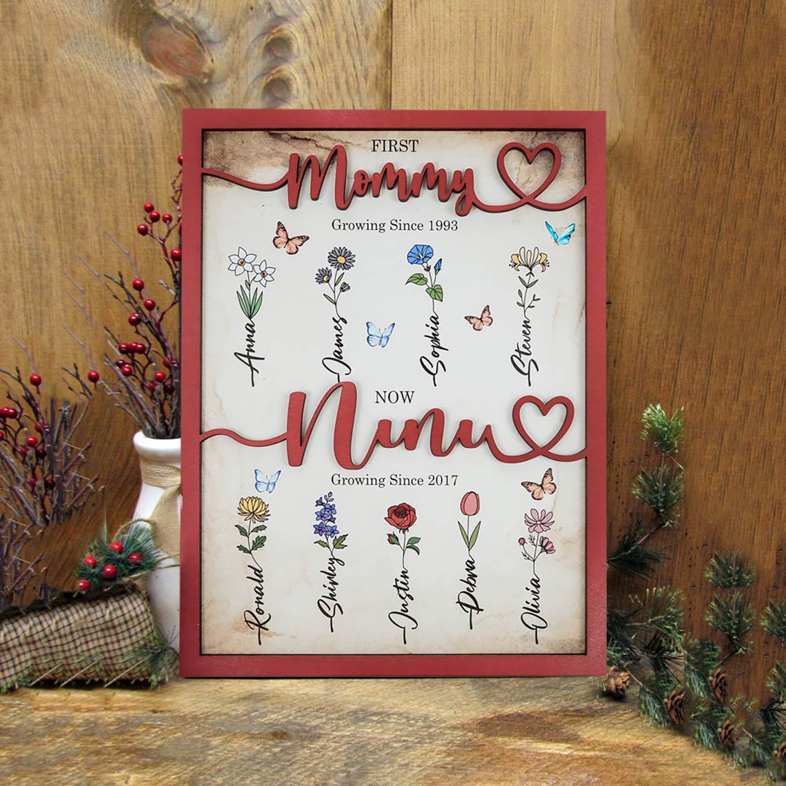 First Mom Now Grandma Custom Birth Flower Wood Sign Home Wall Art For Mothers Day Gifts