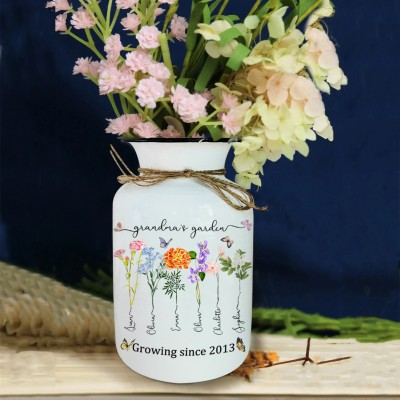 Custom Grandma's Garden Vase With Grandkids Name and Birth Flower For Mother's Day