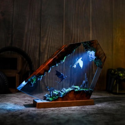 Handmade Dragon Resin Wood Lamp Anniversary Couple Gift