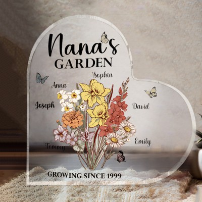 Personalized Nana's Garden Birth Flower Heart Acrylic Plaque For Mothers Day Gifts