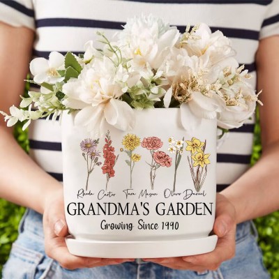 Custom Grandma's Garden Plant Pot With Grandkids Name and Birth Month Flower For Mother's Day
