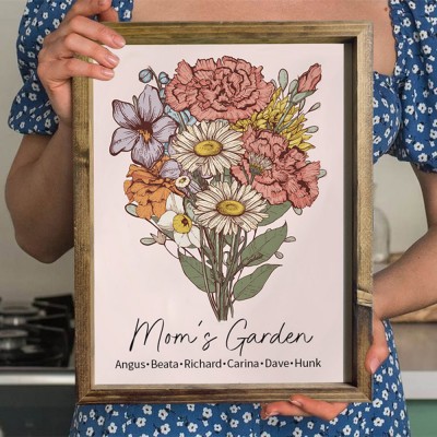 Custom Mom's Garden Birth Flower Bouquet Art Wood Sign For Mom Grandma Mother's Day Gift Ideas