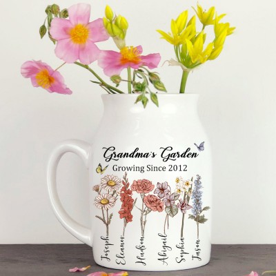 Custom Grandma's Garden Vase With Kids Names and Birth Month Flowers For Mother's Day Gift