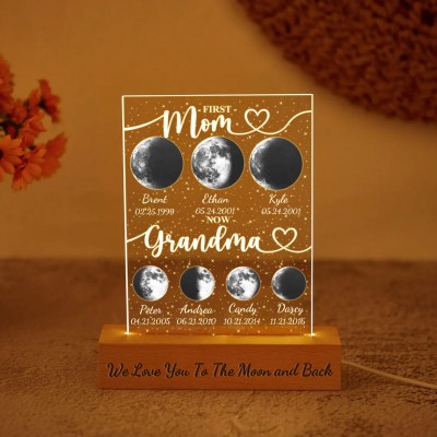First Mom Now Grandma Personalized Moon Phase Night Light By Date For Mother's Day Gift