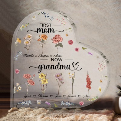 First Mom Now Grandma Custom Birth Flower Heart Acrylic Plaque For Mothers Day Gifts
