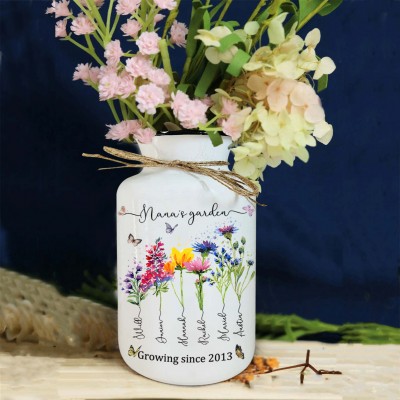 Custom Nana's Garden Vase With Grandkids Name and Birth Flower For Mother's Day