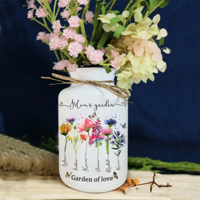 Custom Mom's Garden Vase With Grandkids Name and Birth Flower For Mother's Day