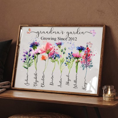 Personalized Grandma's Garden Frame Sign With Grandkids Names and Birth Flower Unique Mother's Day Gift