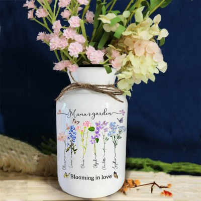 Custom Mama's Garden Vase With Grandkids Name and Birth Flower For Mother's Day