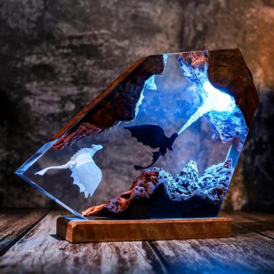 Handmade Dragon Resin Wood Lamp Anniversary Couple Gift