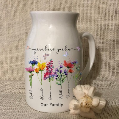 Custom Grandma's Garden Vase With Grandkids Name and Birth Flower For Mother's Day