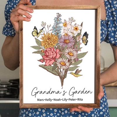 Custom Grandma's Garden Birth Flower Bouquet Art Wood Sign With Grandchildren Name For Mother's Day Gift Ideas