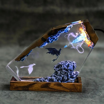 Handmade Dragon Resin Wood Lamp Anniversary Couple Gift