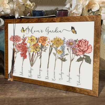 Personalized Mom's Garden Birth Flower Wood Sign With Kids Name Home Wall Art For Mother's Day