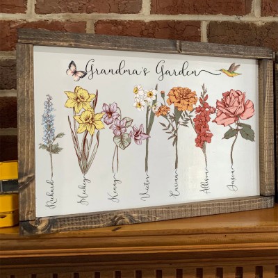 Personalized Grandma's Garden Birth Flower Frame With Grandchildren Name Home Wall Art For Mother's Day