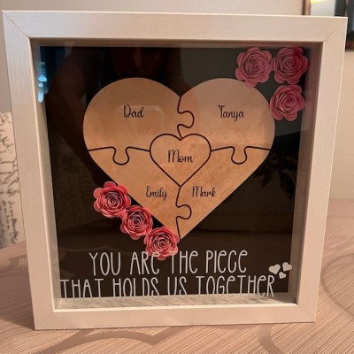 Custom Mom Flower Shadow Box Heart Name Puzzle Piece For Mother's Day Christmas Home Decor