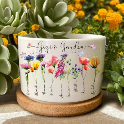 Personalized Gigi's Garden Birth Month Flower Pot With Grandchildren's Name For Mother's Day Gift
