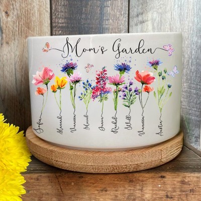 Personalized Mom's Garden Birth Month Flower Pot With Kid's Name For Mother's Day Gift