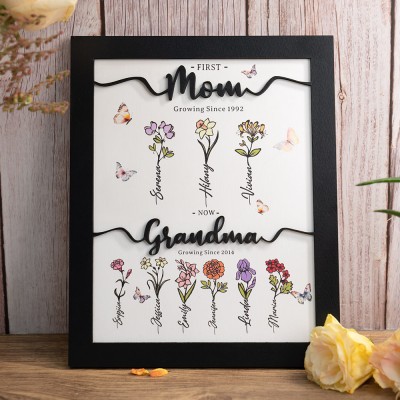 First Mom Now Grandma Custom Birth Flower Wood Sign Home Wall Art For Mothers Day Gifts