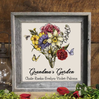 Custom Grandma's Garden Birth Flower Bouquet Wood Sign With Kids Name Wall Art For Mother's Day