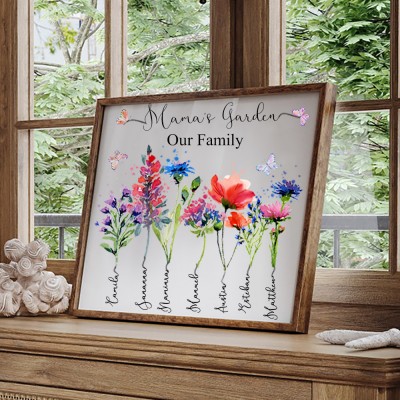 Personalized Mama's Garden Wood Sign With Grandkids Names and Birth Flower For Mother's Day Gift